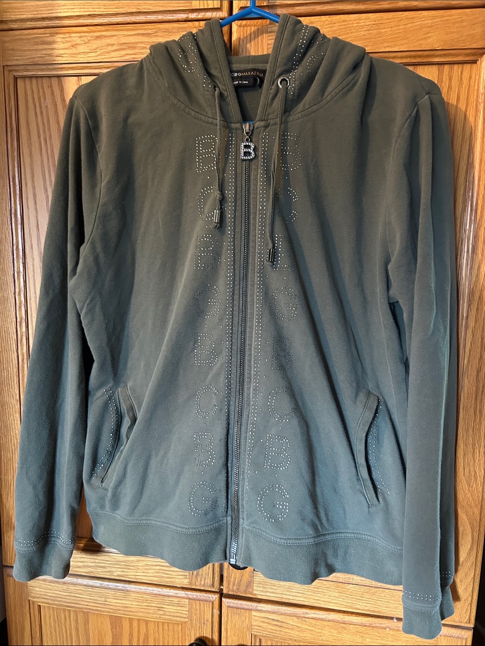 BCBGMaxAzria Olive Green Rhinestone Logo Zip Hoodie